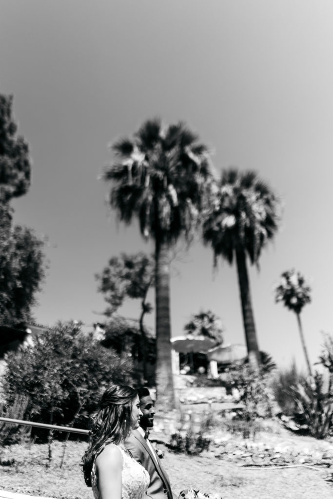 a couple standing in front of palm trees